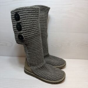UGG Classic Cardy Tall Boots Women's Size 6 Gray Knit Mid Calf Round Toe Outdoor